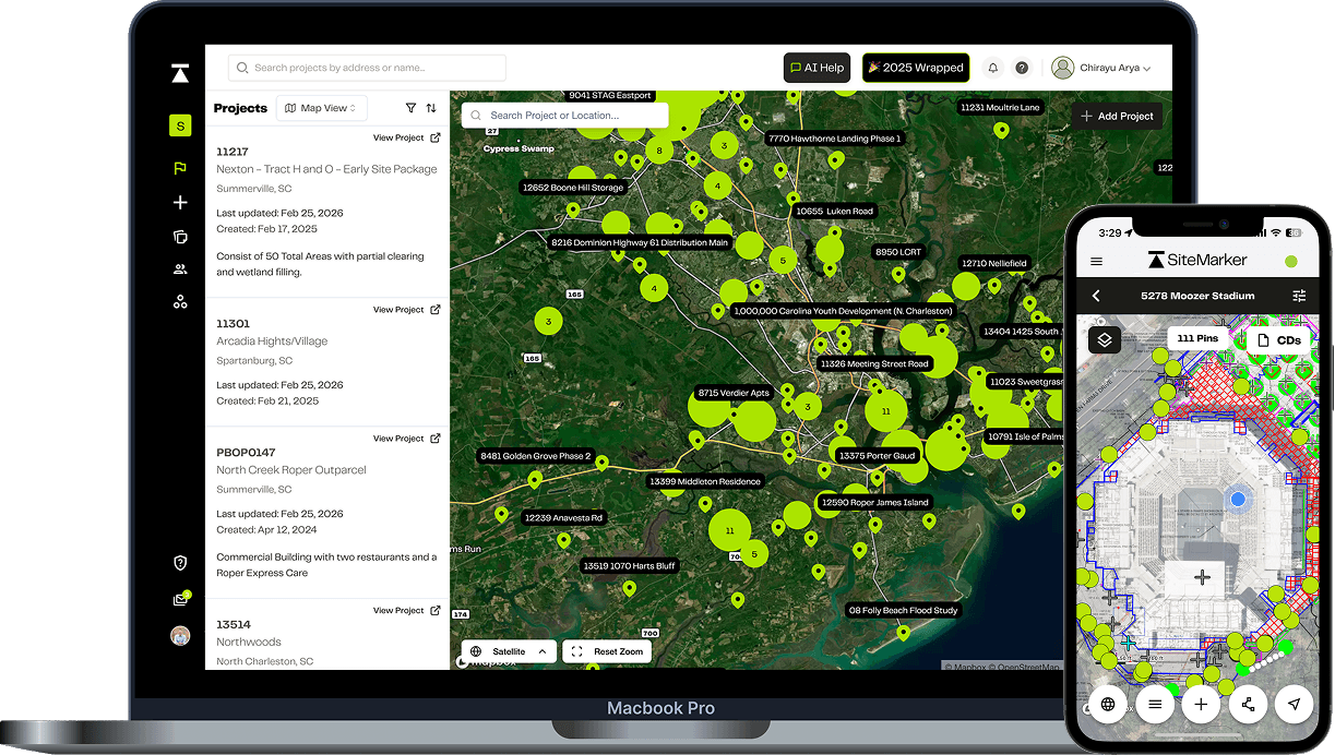 SiteMarker app showing project map view on MacBook Pro and mobile